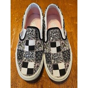 Vans Slip On Shoes Sneakers Patchwork Floral Black White Pink Womens 8 Mens 6.5